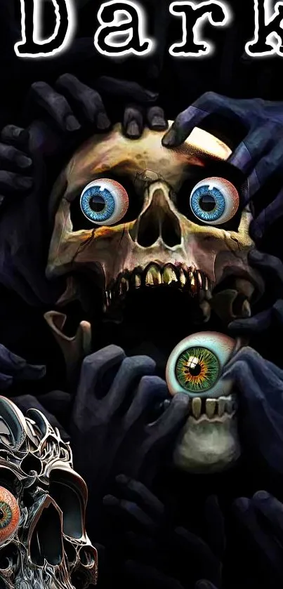 Dark skull art wallpaper with hands and vivid eyes, perfect for mobile.