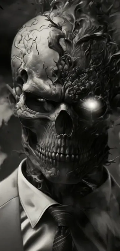 Dark skull art in grayscale with intricate details and a glowing eye.