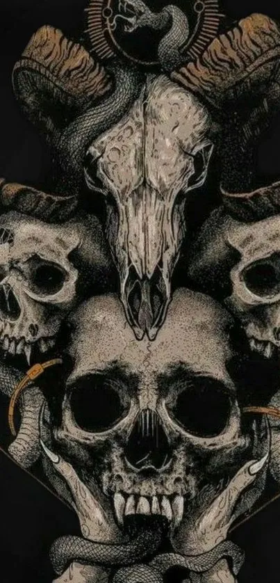 Dark and gothic skulls art wallpaper with mystic elements for mobile phones.