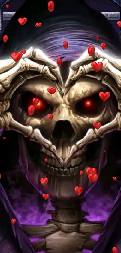 Dark skull artwork with purple hues and glowing red eyes in mysterious style.