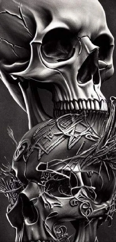 Intricate dark skull art wallpaper design for mobile.