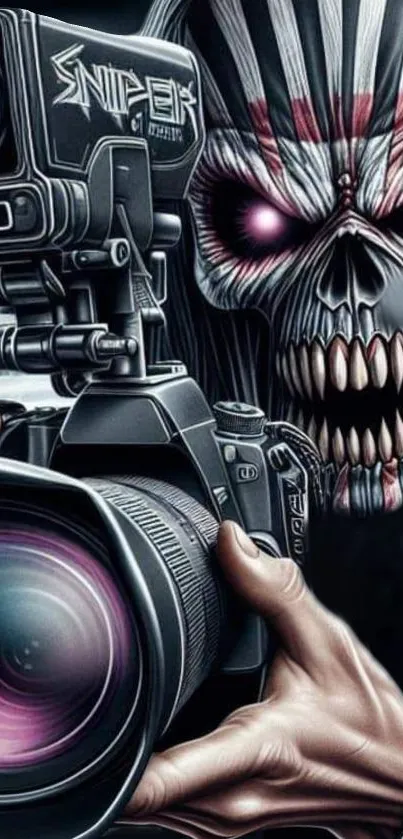 Dark skull with camera, vibrant eyes, mechanical lens focus.