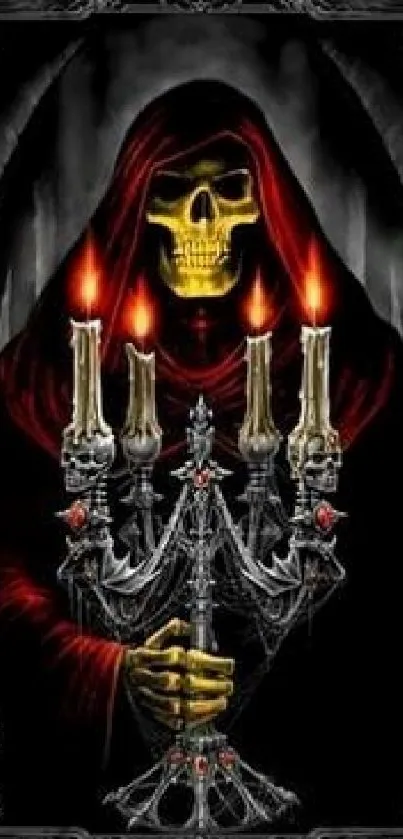 Dark hooded skull with candles wallpaper.