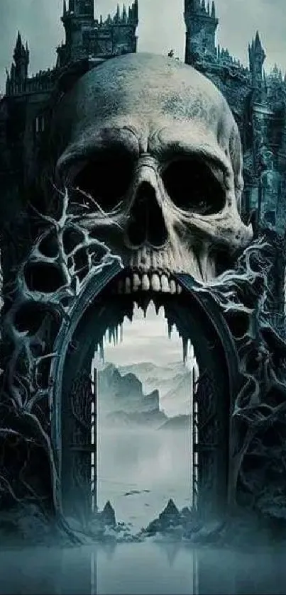 Dark gothic skull castle over eerie landscape.