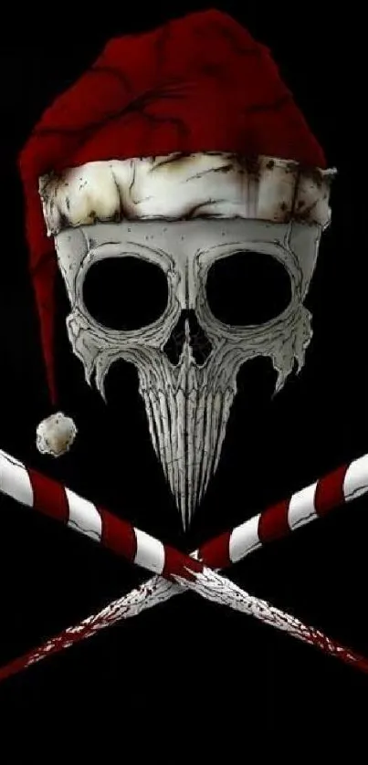 Skull with Santa hat on black background, Christmas theme.