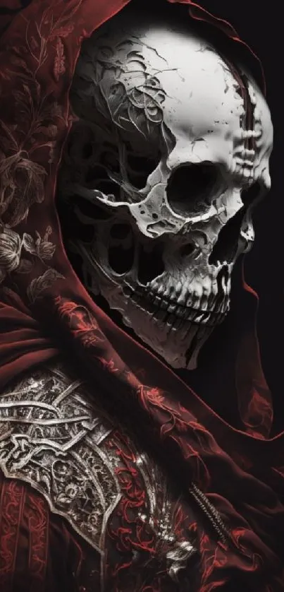 Dark red cloaked skull with intricate armor details.