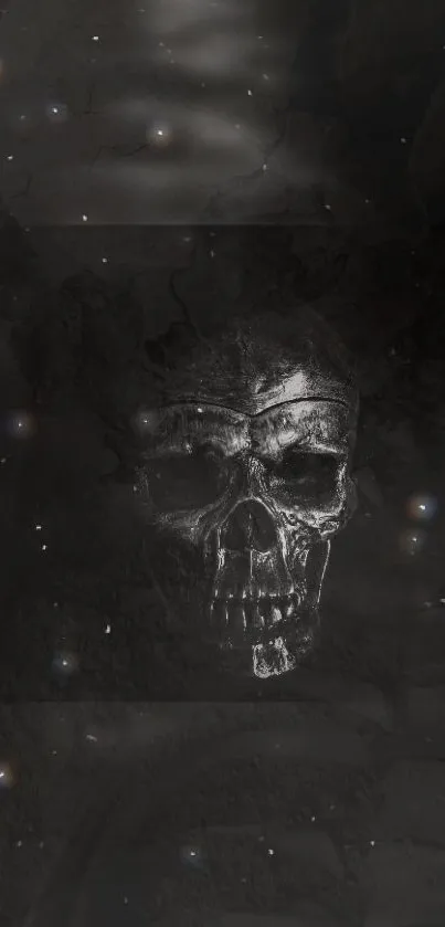 Dark skull cosmic wallpaper with glowing stars.