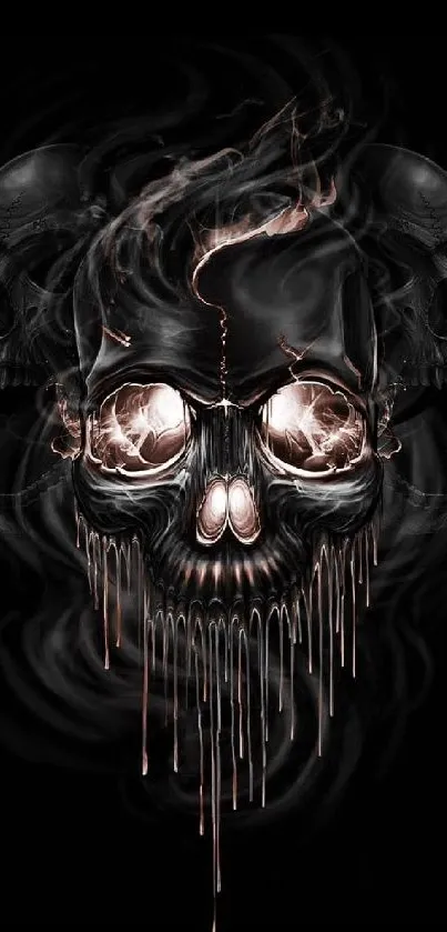 Dark skull design with dripping effect and smoky backdrop.