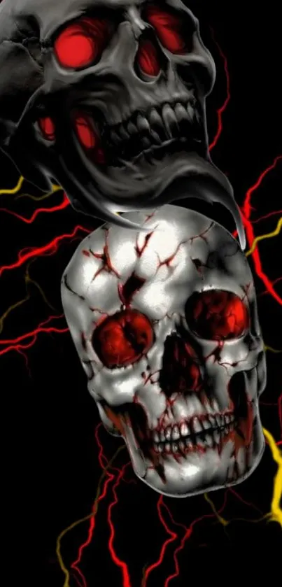 Dark skull wallpaper with red eyes and electric yellow lightning.