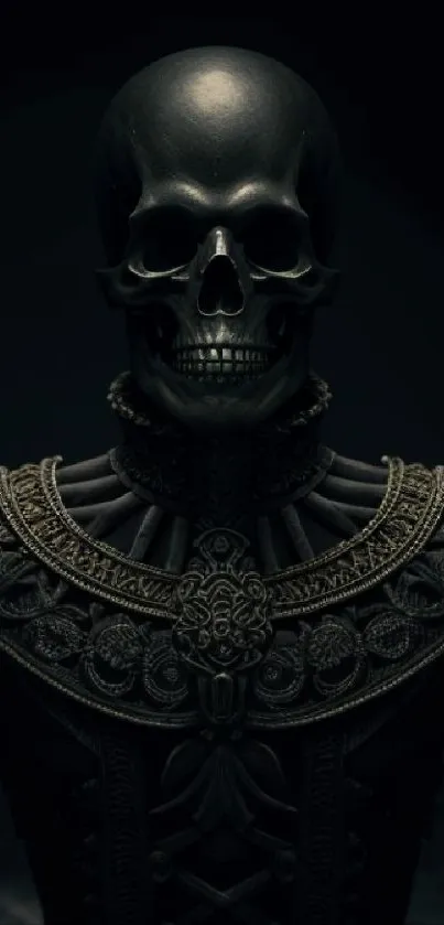 Dark skull with intricate gothic design on a black background.