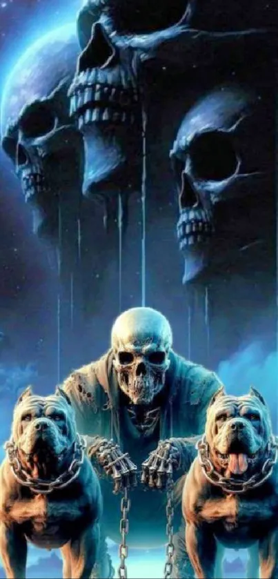 Dark skull with chained dogs in neon blue mist.