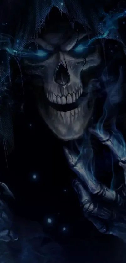 Dark skull fantasy wallpaper with blue glow and eerie design.