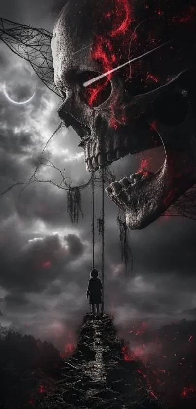 Dark fantasy wallpaper with a giant skull and atmospheric red accents.