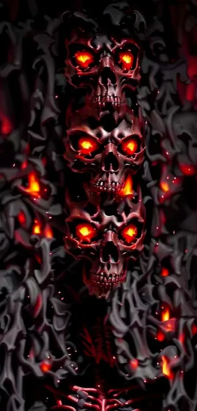 Eerie skulls with glowing red flames on a dark background.