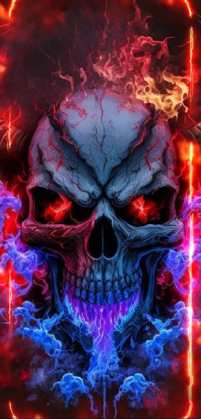 Dark skull with red and blue flames mobile wallpaper.