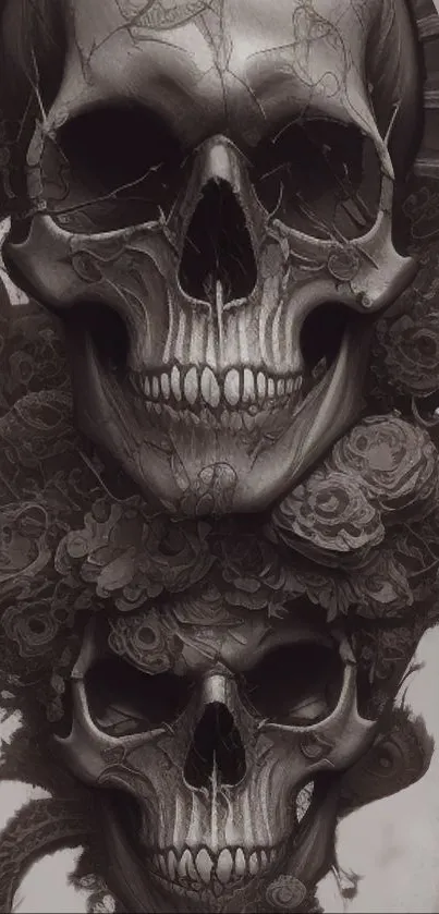 Dark skull wallpaper with gothic floral details, featuring intricate designs.