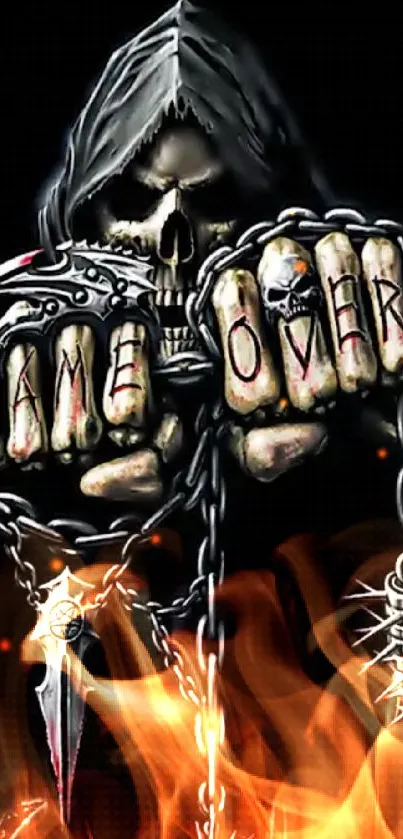 Dark hooded skull with chains and 'Game Over' text on fingers.