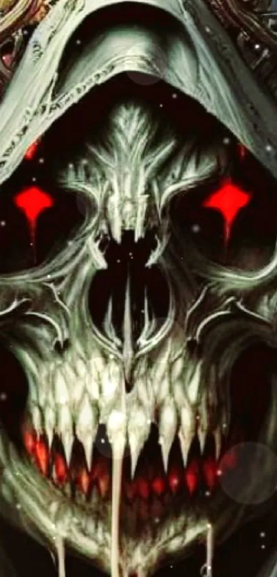 Dark hooded skull with red eyes and fangs wallpaper.