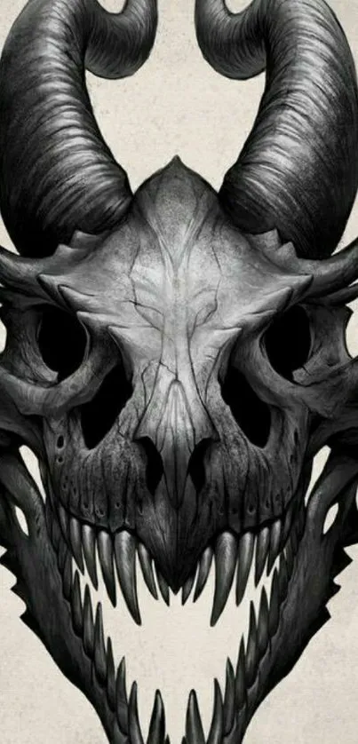 Dark horned skull drawing on gray background.