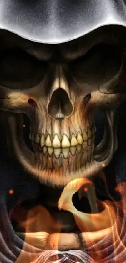 Dark hooded skull art wallpaper with shadows.