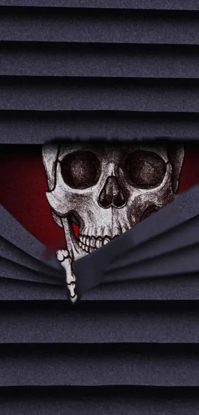 Skull peeks through dark textured layers with red background.