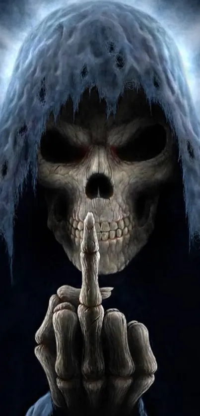 Dark, hooded skull figure with gothic art style on mobile wallpaper.