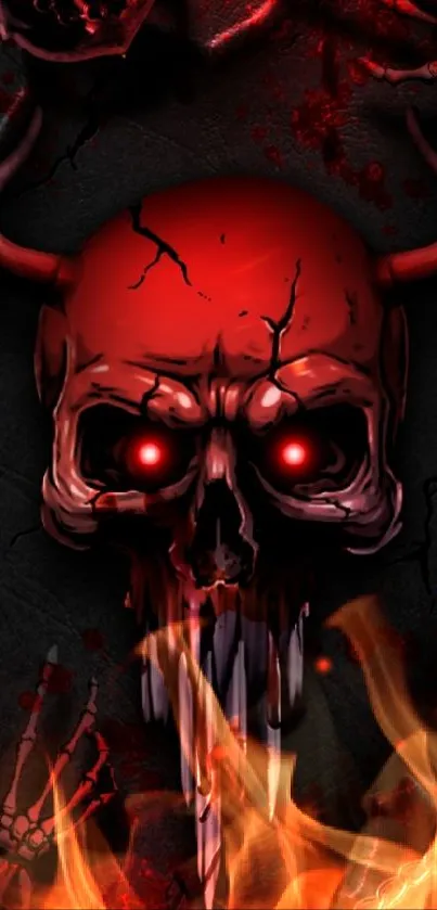 Dark, red horned skull wallpaper with glowing eyes on a black background.