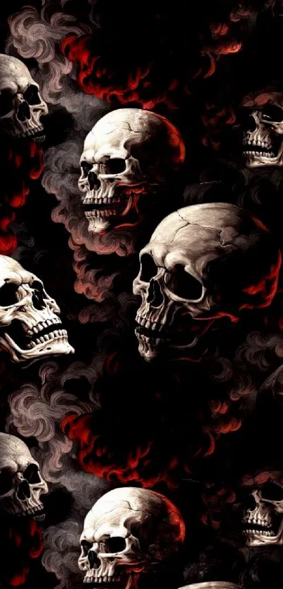 Gothic skull and smoke wallpaper with red flames.