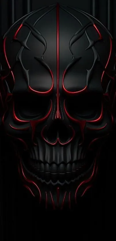 Dark skull design wallpaper with intricate red patterns.