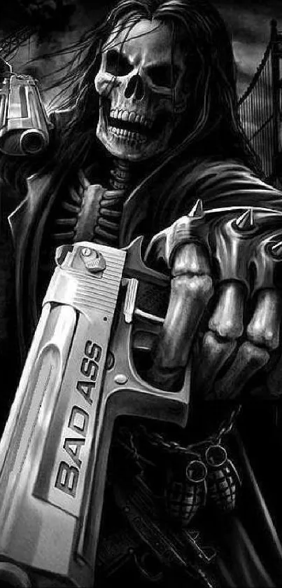 Dark skull wallpaper with skeleton holding a gun, in a gothic theme setting.