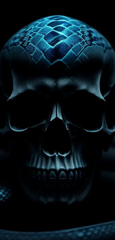 Dark skull wallpaper with blue-black tones.