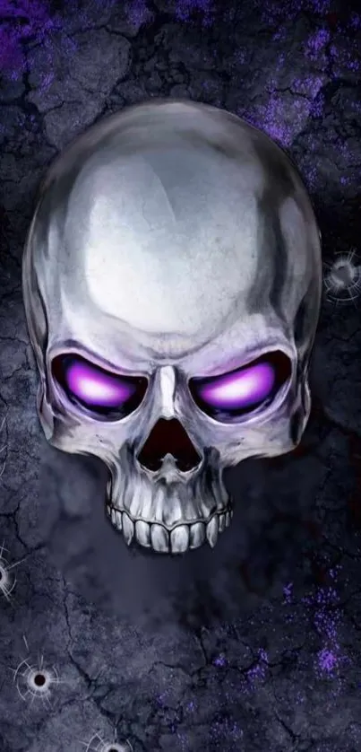 Metallic skull with purple eyes on dark background.