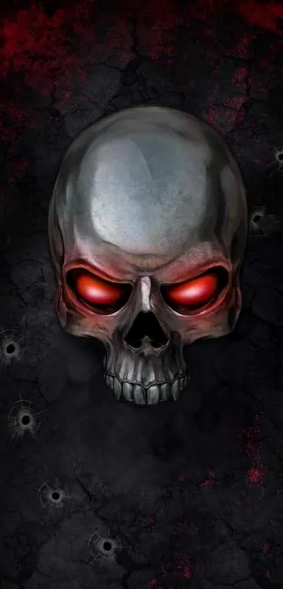 Dark skull with glowing red eyes on a black background.