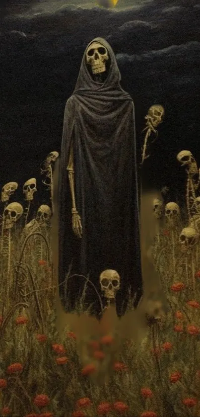 Dark skull wallpaper with hooded figure and skulls in field.