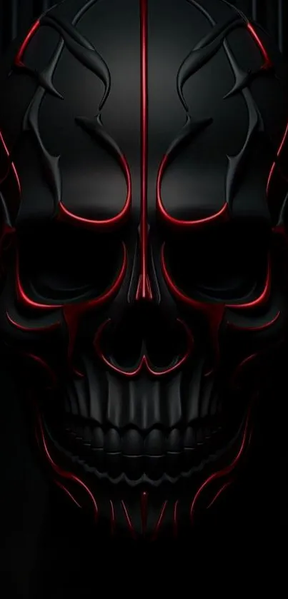 Dark skull wallpaper with red light accents on black background.