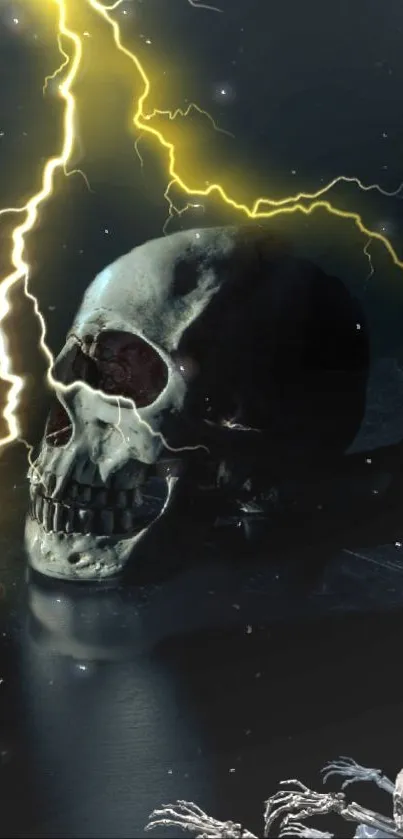 Dark skull on shadowy background with reaching hands, eerie and mysterious.