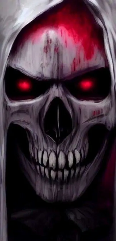 Sinister skull with glowing red eyes in dark wallpaper.