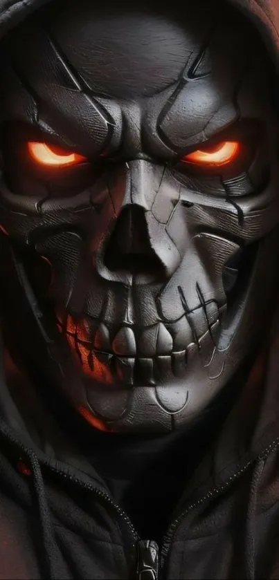 Dark skull with fiery eyes mobile wallpaper in a hooded design.