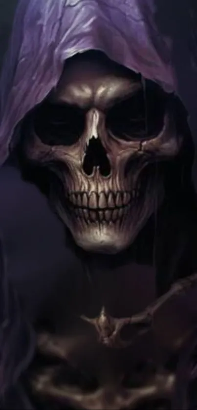 Haunting dark skull with a purple hood, perfect for mobile wallpaper.