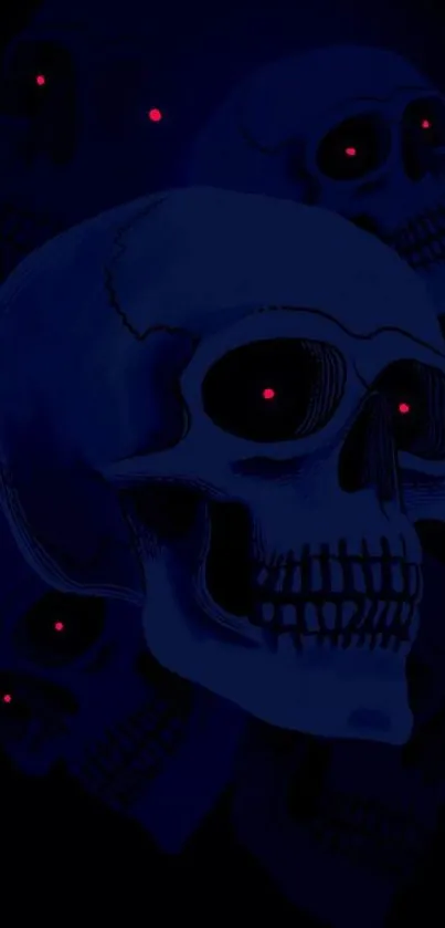 Dark skull wallpaper with glowing red eyes.