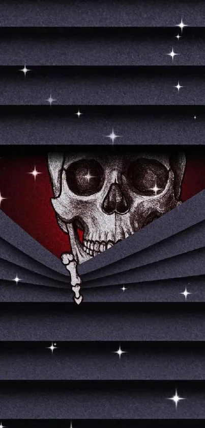 Dark skull wallpaper with shadowed blinds and red background.