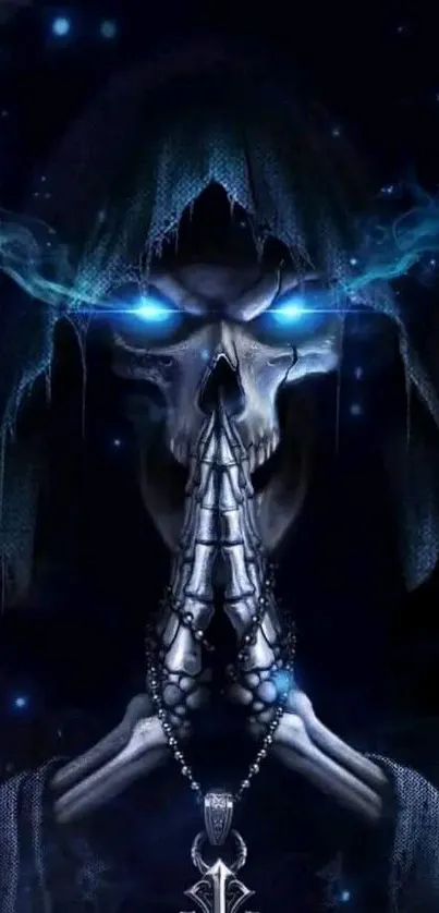 Dark skull with glowing blue eyes wallpaper.