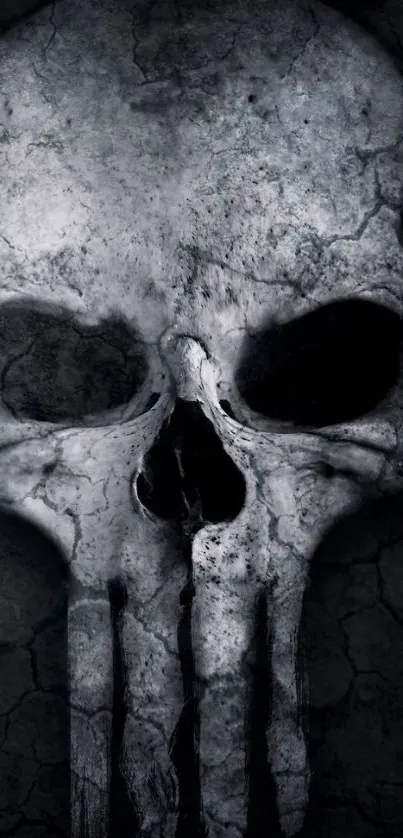 Dark skull design on cracked background wallpaper.