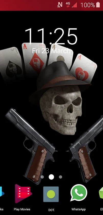 Dark wallpaper with skull, guns, and playing cards.