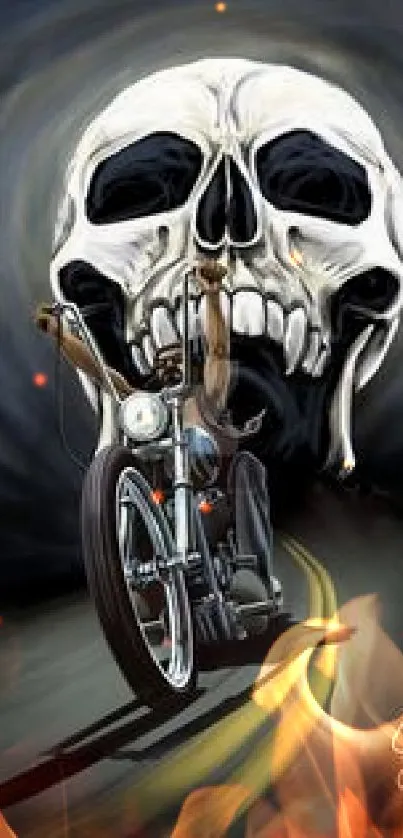 Motorcycle rides towards a giant skull in dark art.