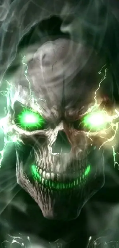 Dark skull with glowing green eyes in a mystical setting.