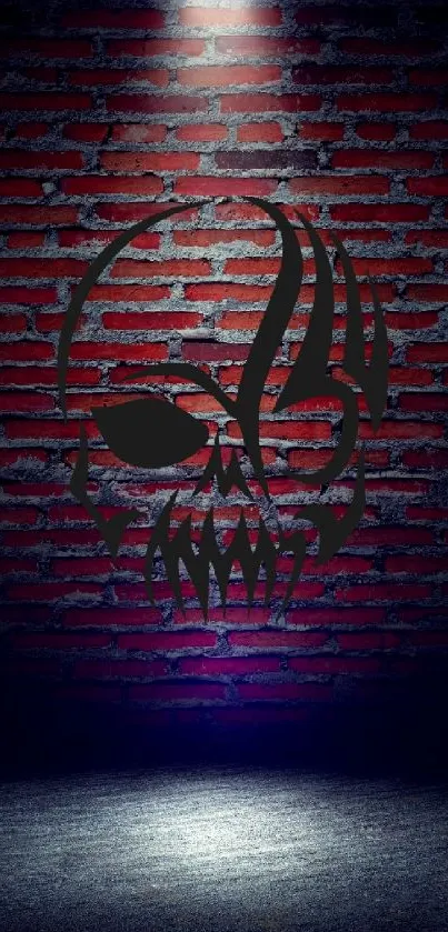 Dark skull on red brick wall wallpaper with spotlight effect.