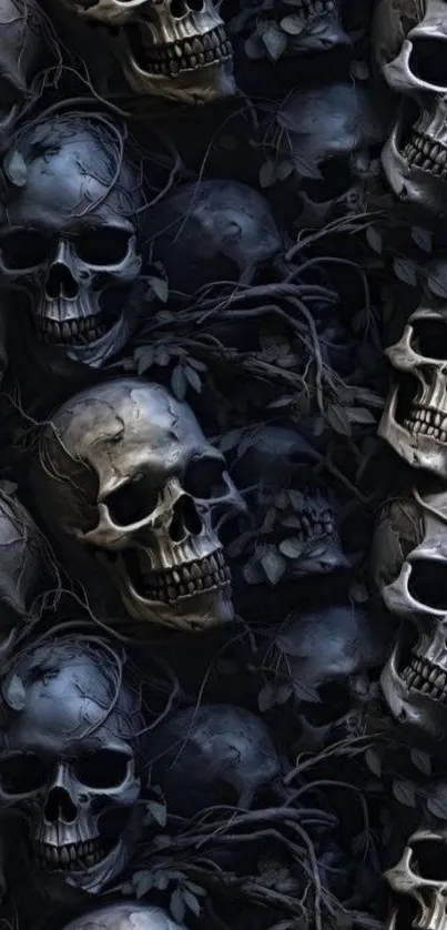 Dark skull pattern wallpaper with leaves.