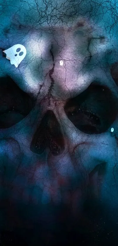 Dark skull with eerie blue tones on wallpaper background.