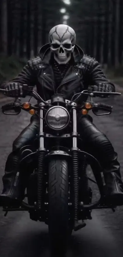 Skull rider in black leather on motorcycle.